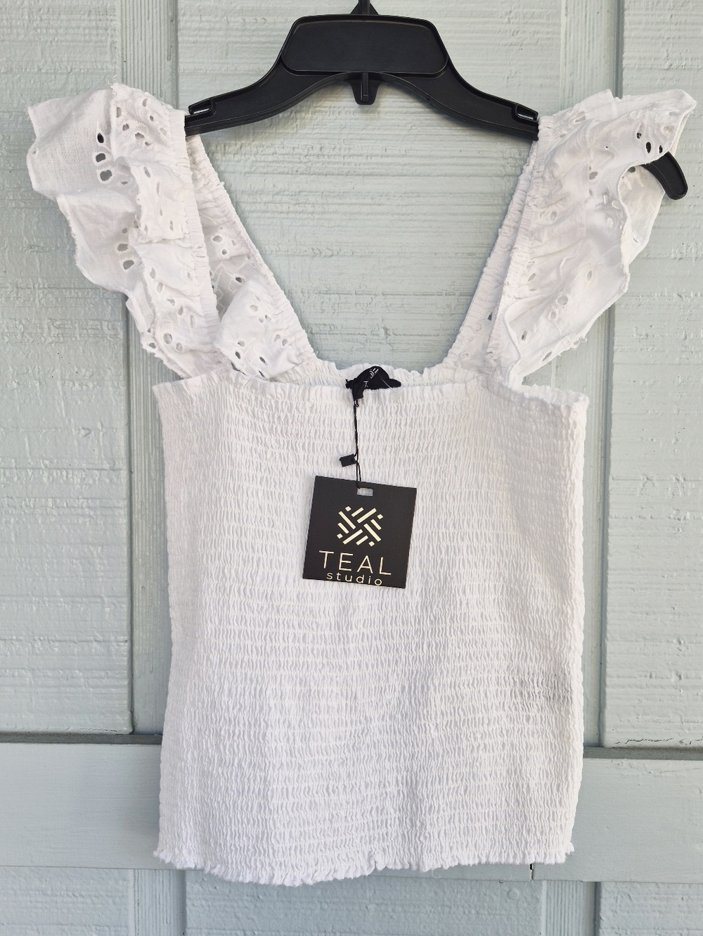 NWT White Smocked Eyelet Ruffle Strap Crop Top Jrs L Coquette Fairycore BabyDoll